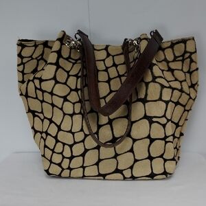 Maurizio Taiuti Calf Fur Leather Tan and Brown Giraffe Geometric Print Tote Bag